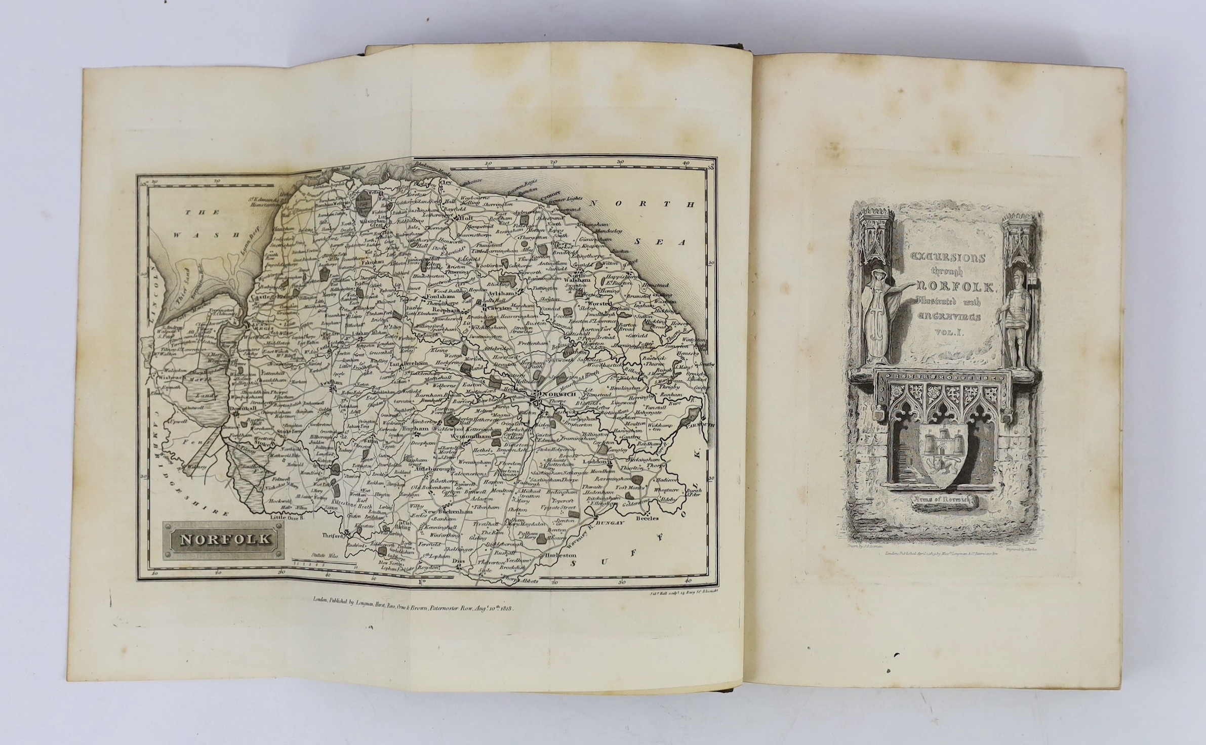 NORFOLK: Excursions in the County of Norfolk....forming a complete guide for the traveller and tourist. 2 vols. pictorial engraved and printed titles, folded map, folded plan and 96 plates; contemp. half morocco and marb